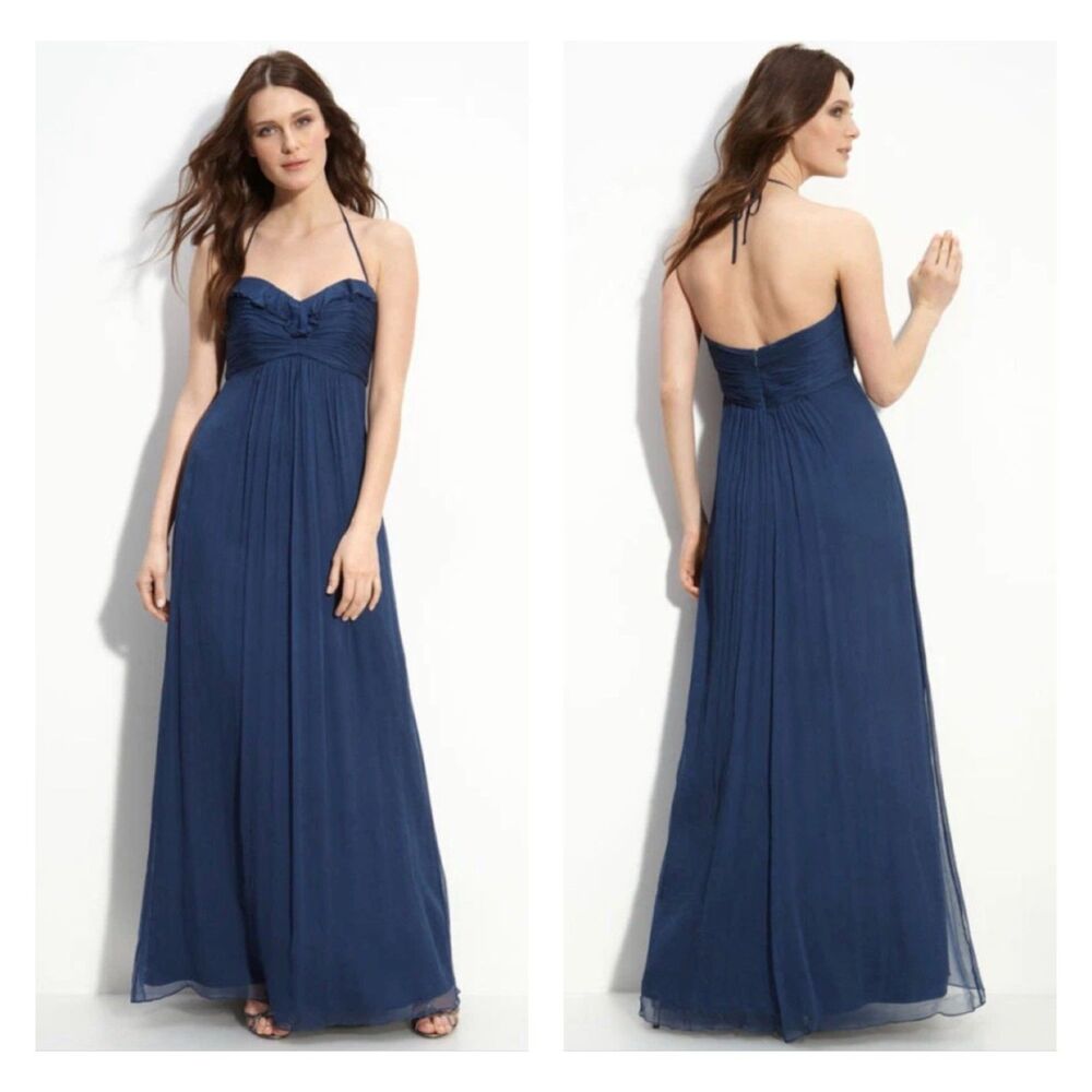 AMSALE 100% Silk Navy Halter Neck Ruffle Trim Chiffon Gown, Sz 2